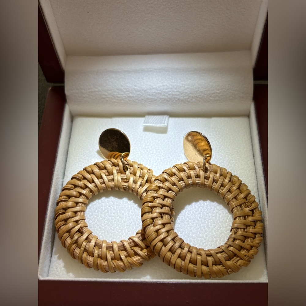 Woven Round Hoop Drop Earrings in Natural Tan